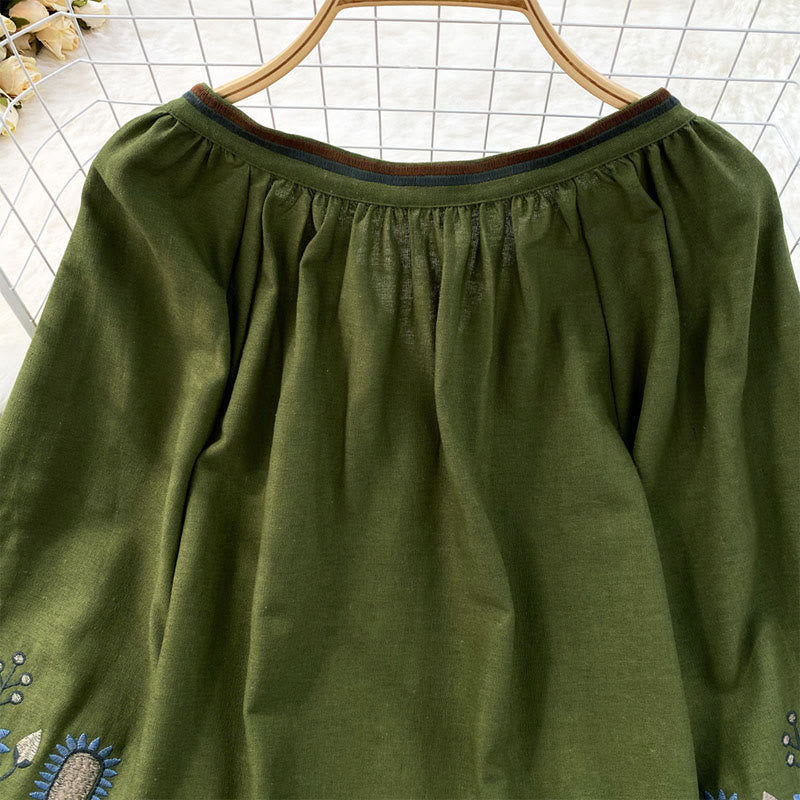 Buddha Stones Casual Embroidery Flower Leaf Pattern Women's Cotton Linen Round Neck T-shirt  - image 10