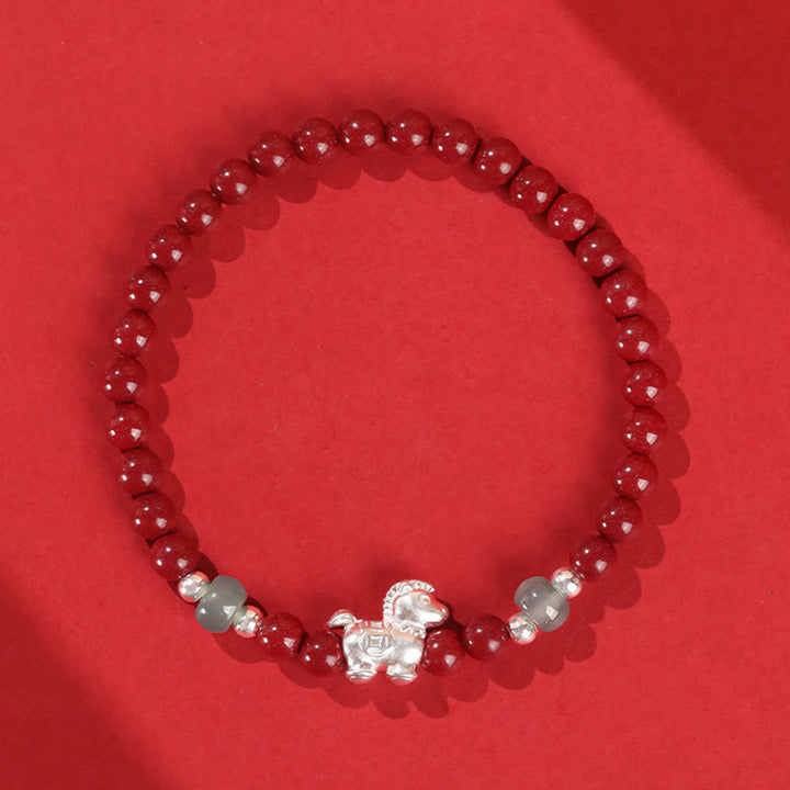 Buddha Stones Year of the Horse Cinnabar Jade Red String Blessing Bracelet - Cinnabar Silver Horse(Wrist Circumference:14-16 cm) - image 1