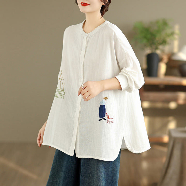Buddha Stones Fall Embroidery Human Figure Dog Pattern Round Neck Buttons Women's Long Sleeve Shirt - White - US14，UK/AU18，EU46 (2XL) - image 7