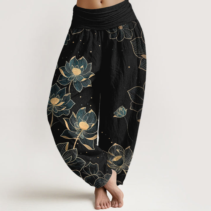 Buddha Stones Pure Cotton Delicate Lotus Pattern Women's Elastic Waist Harem Pants - Black - US16，UK/AU20，EU48 (3XL) - image 5