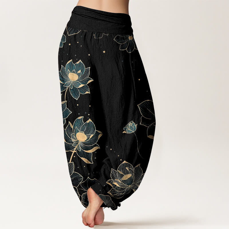 Buddha Stones Pure Cotton Delicate Lotus Pattern Women's Elastic Waist Harem Pants - image 6
