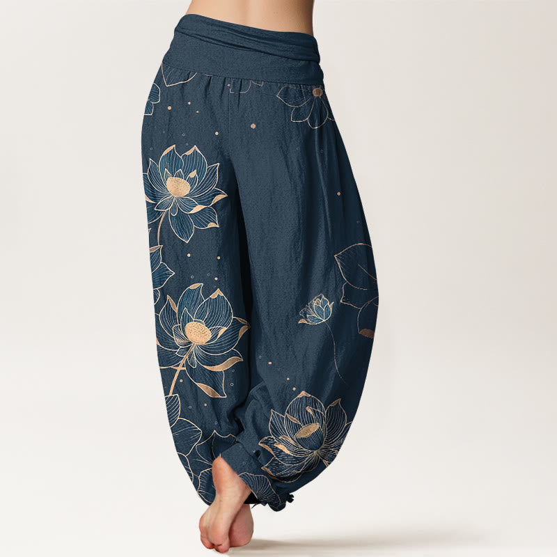 Buddha Stones Pure Cotton Delicate Lotus Pattern Women's Elastic Waist Harem Pants - image 9