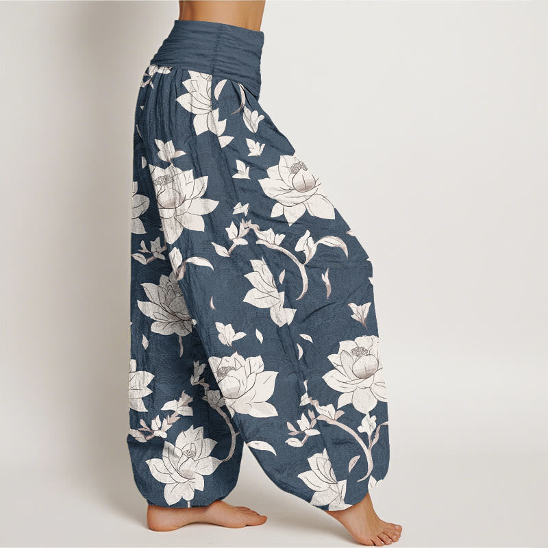 Buddha Stones Pure Cotton Beige Lotus Pattern Women's Elastic Waist Harem Pants - image 7