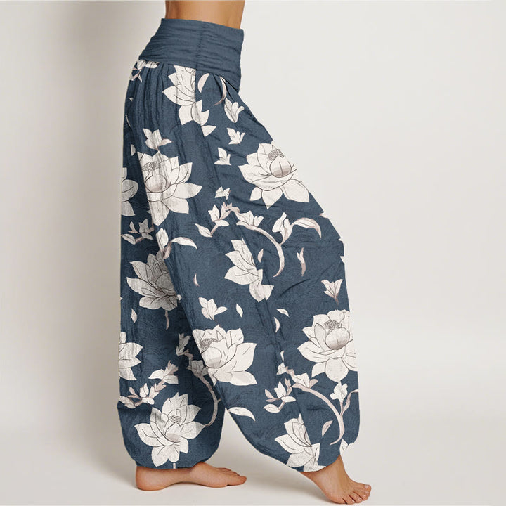 Buddha Stones Pure Cotton Beige Lotus Pattern Women's Elastic Waist Harem Pants - image 7