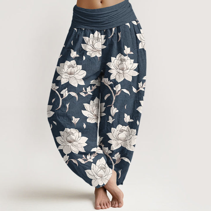 Buddha Stones Pure Cotton Beige Lotus Pattern Women's Elastic Waist Harem Pants - SteelBlue - US16，UK/AU20，EU48 (3XL) - image 5