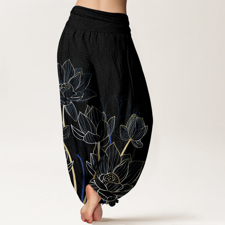 Buddha Stones Pure Cotton Minimalist Style Lotus Flower Pod Pattern Women's Elastic Waist Harem Pants - image 6