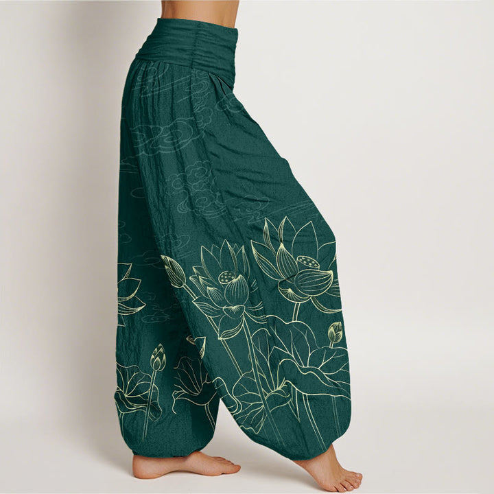 Buddha Stones Pure Cotton Concise Lotus Flower Leaf Pod Bud Cloud Pattern Women's Elastic Waist Harem Pants - image 2