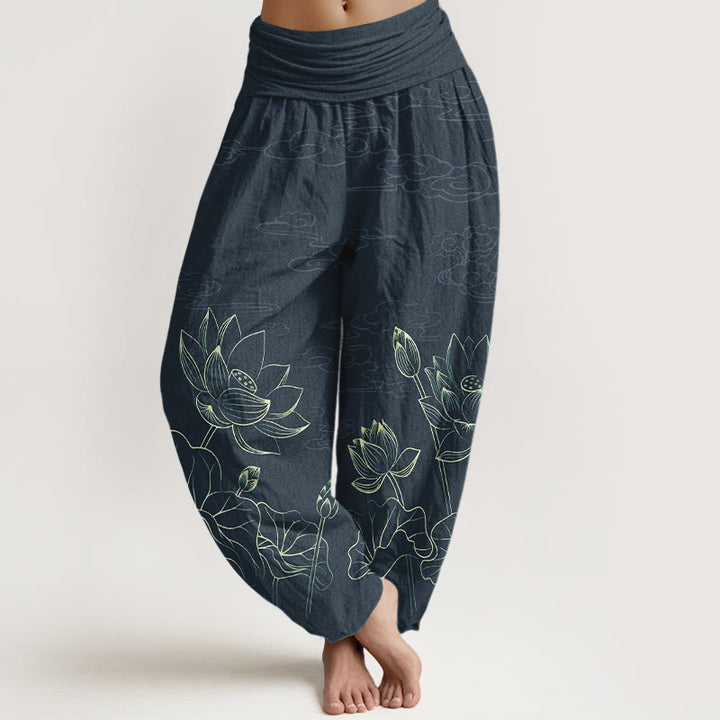 Buddha Stones Pure Cotton Concise Lotus Flower Leaf Pod Bud Cloud Pattern Women's Elastic Waist Harem Pants - DimGray - US16，UK/AU20，EU48 (3XL) - image 5