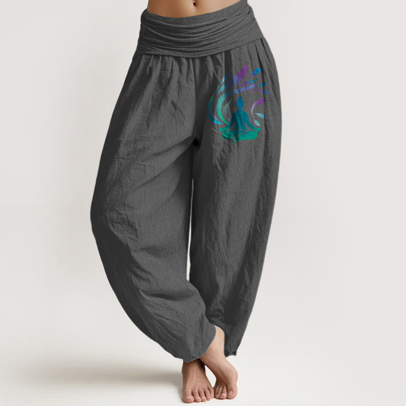 Buddha Stones Pure Cotton Simple Composition Human Figure Pattern Women's Elastic Waist Harem Pants - DimGray - US16，UK/AU20，EU48 (3XL) - image 11