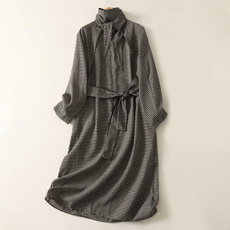 Buddha Stones Fall Black White Plaid High Neck Lace-up Design Long Sleeve Midi Dress With Pockets - Black - US14，UK/AU18，EU46 (2XL) - image 0