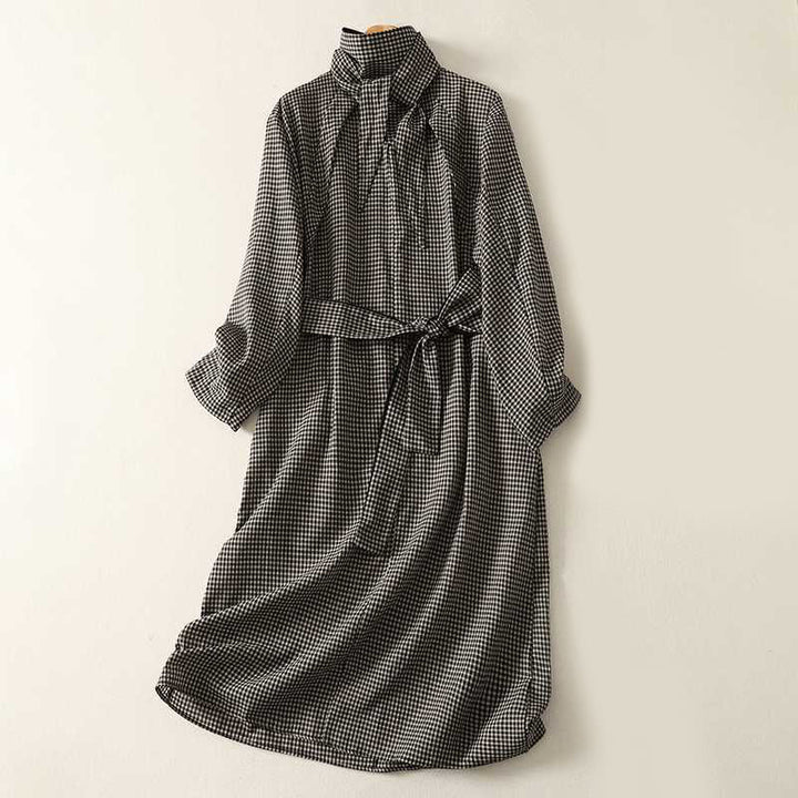 Buddha Stones Fall Black White Plaid High Neck Lace-up Design Long Sleeve Midi Dress With Pockets - Black - US14，UK/AU18，EU46 (2XL) - image 0