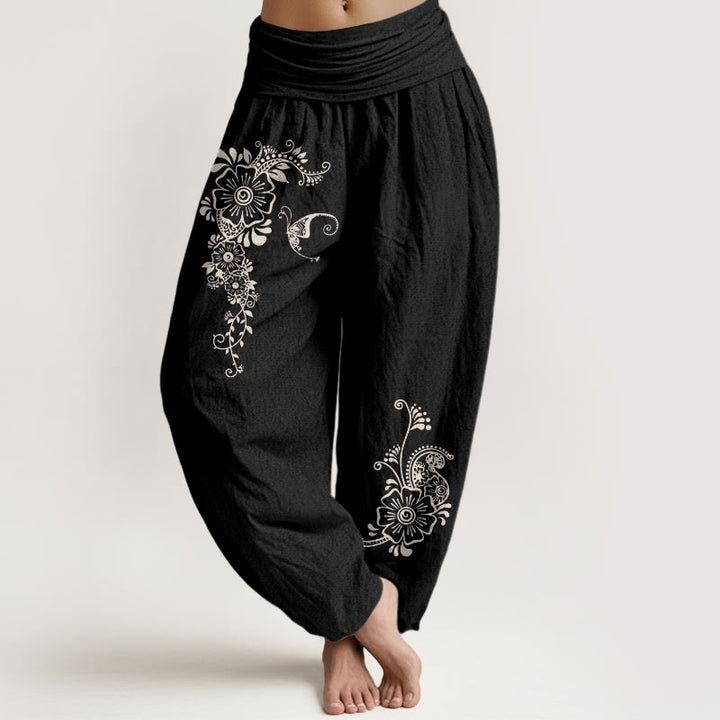 Buddha Stones Pure Cotton Simple Elegant Flower Butterfly Vine Pattern Women's Elastic Waist Harem Pants - Black - US16，UK/AU20，EU48 (3XL) - image 5