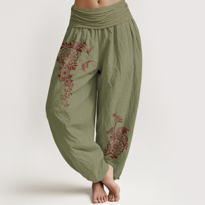 Buddha Stones Pure Cotton Simple Elegant Flower Butterfly Vine Pattern Women's Elastic Waist Harem Pants - OliveDrab - US16，UK/AU20，EU48 (3XL) - image 14