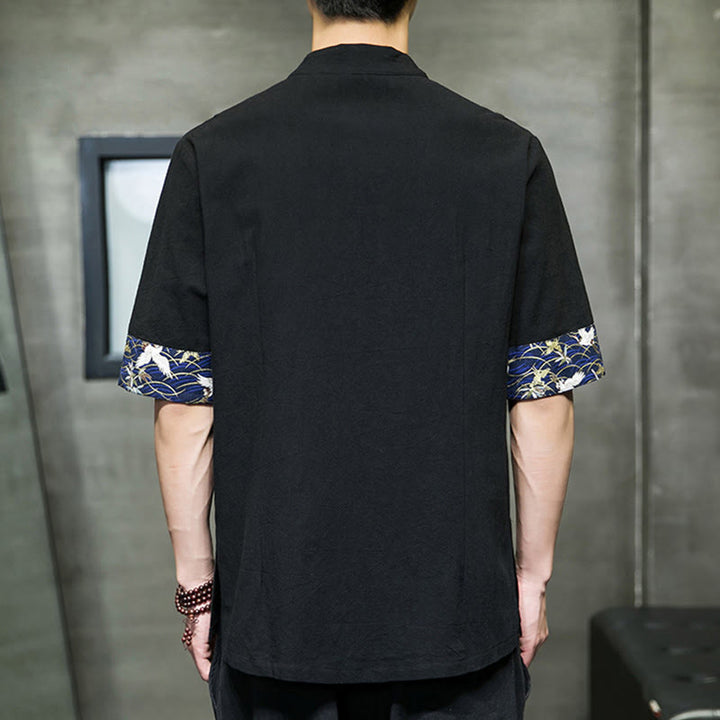 Buddha Stones Solid Color Frog-Button Stand Collar Men's Short Sleeve White Crane Cotton Shirt - image 3