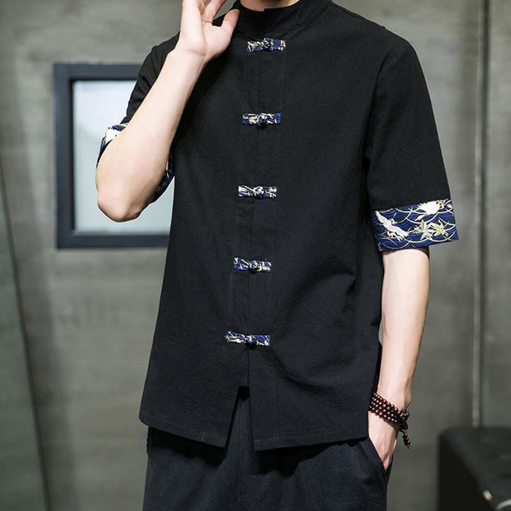 Buddha Stones Solid Color Frog-Button Stand Collar Men's Short Sleeve White Crane Cotton Shirt - image 2