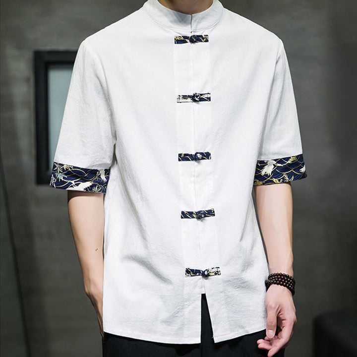 Buddha Stones Solid Color Frog-Button Stand Collar Men's Short Sleeve White Crane Cotton Shirt - image 11