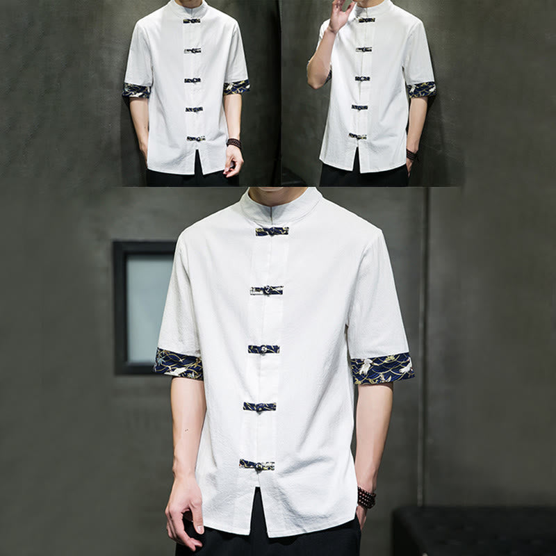 Buddha Stones Solid Color Frog-Button Stand Collar Men's Short Sleeve White Crane Cotton Shirt - image 15