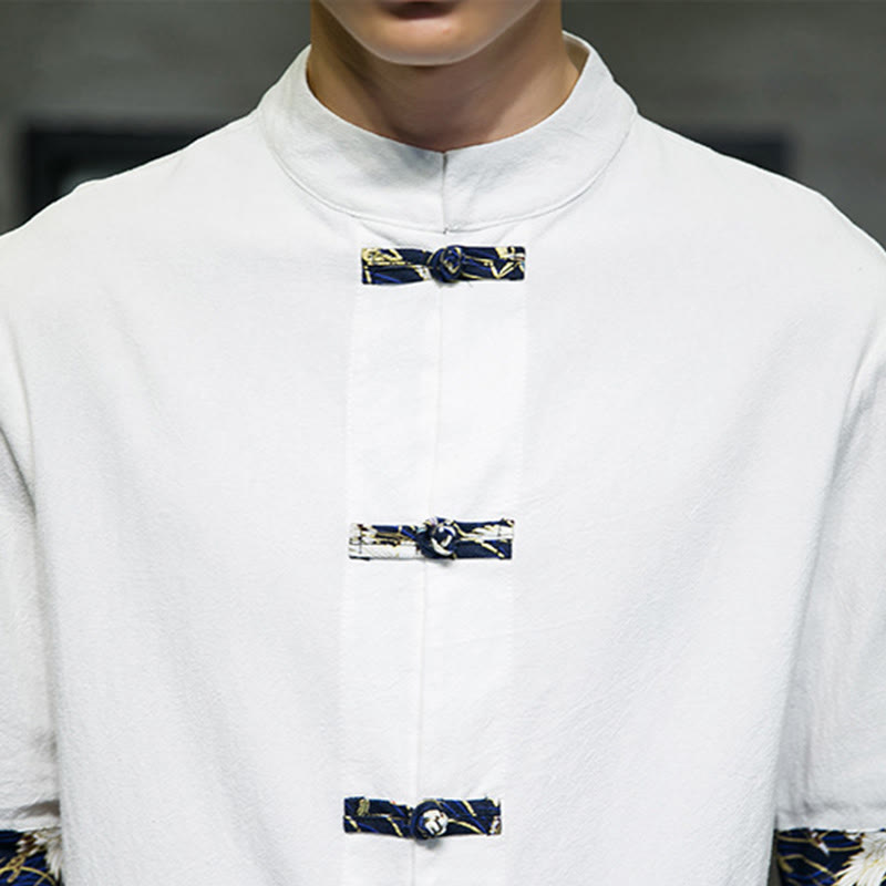 Buddha Stones Solid Color Frog-Button Stand Collar Men's Short Sleeve White Crane Cotton Shirt - image 16