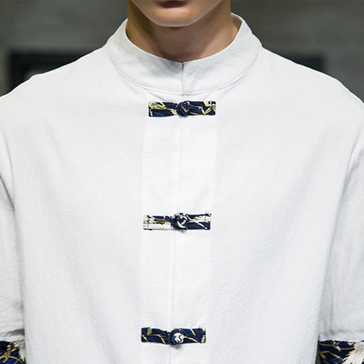 Buddha Stones Solid Color Frog-Button Stand Collar Men's Short Sleeve White Crane Cotton Shirt - image 16