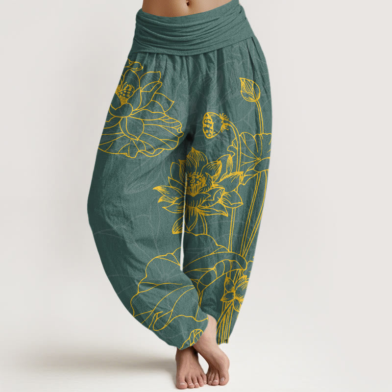 Buddha Stones Pure Cotton Concise Lotus Flower Leaf Pod Bud Pattern Women's Elastic Waist Harem Pants - MediumAquamarine - US16，UK/AU20，EU48 (3XL) - image 0