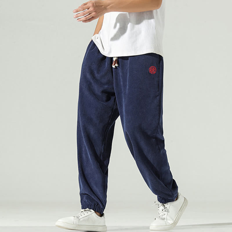 Buddha Stones Fall Plain Corduroy Embroidery Design Men's Harem Pants With Pockets - image 0