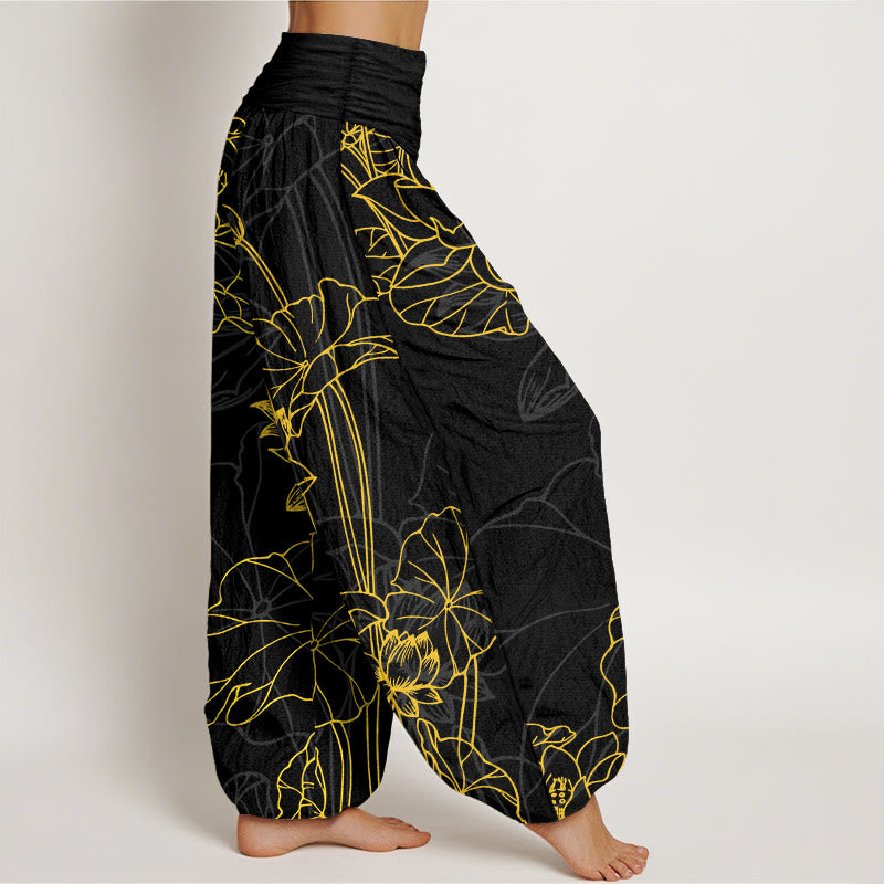 Buddha Stones Pure Cotton Concise Lotus Flower Leaf Pod Bud Pattern Women's Elastic Waist Harem Pants - image 10