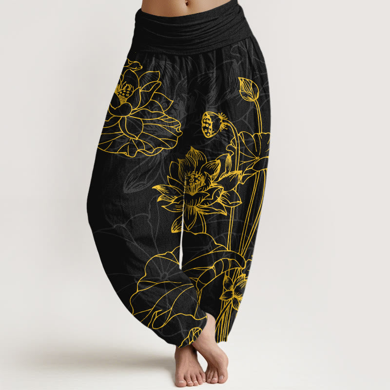 Buddha Stones Pure Cotton Concise Lotus Flower Leaf Pod Bud Pattern Women's Elastic Waist Harem Pants - Black - US16，UK/AU20，EU48 (3XL) - image 8
