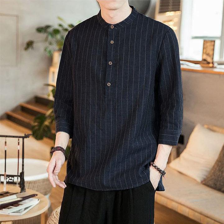 Buddha Stones Plaid Half Buttons Stand Collar Three Quarter Sleeve Cotton Men's Shirt - image 1