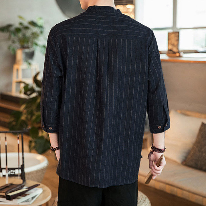 Buddha Stones Plaid Half Buttons Stand Collar Three Quarter Sleeve Cotton Men's Shirt - image 3