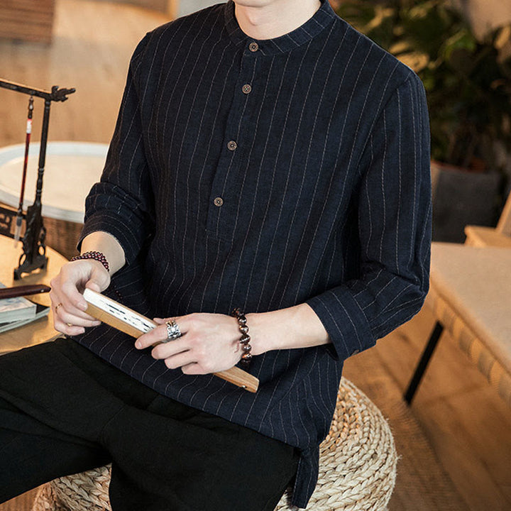 Buddha Stones Plaid Half Buttons Stand Collar Three Quarter Sleeve Cotton Men's Shirt - image 7