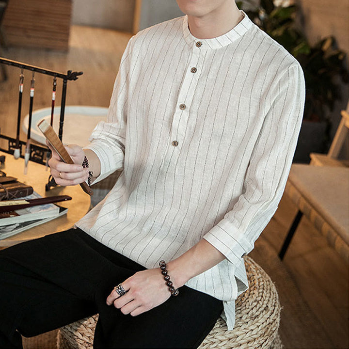 Buddha Stones Plaid Half Buttons Stand Collar Three Quarter Sleeve Cotton Men's Shirt - image 16