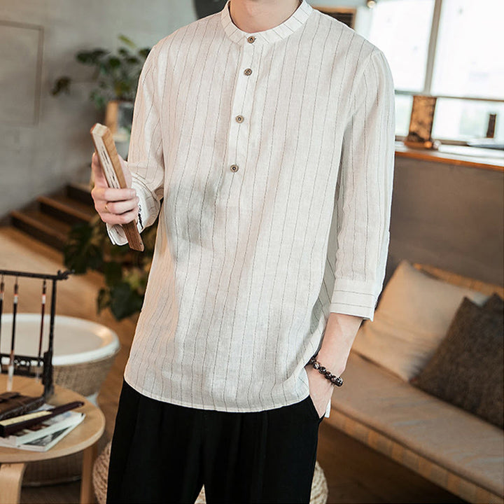 Buddha Stones Plaid Half Buttons Stand Collar Three Quarter Sleeve Cotton Men's Shirt - image 11