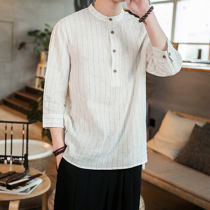 Buddha Stones Plaid Half Buttons Stand Collar Three Quarter Sleeve Cotton Men's Shirt - image 10