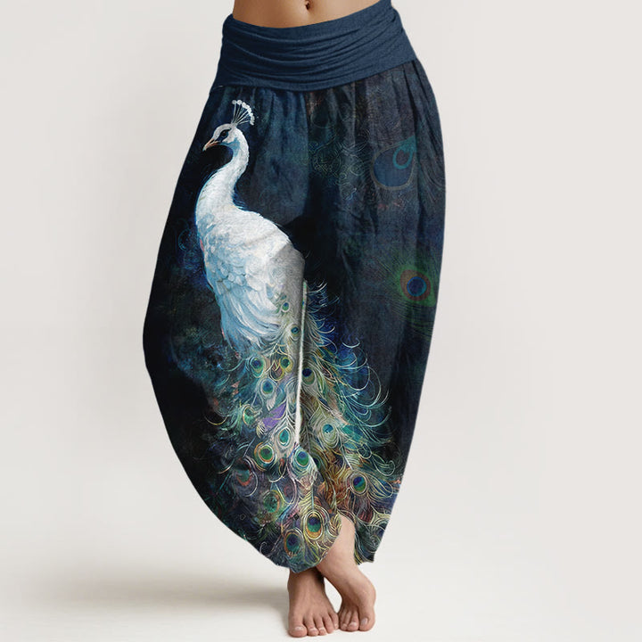 Buddha Stones Pure Cotton Gorgeous Peacock Pattern Women's Elastic Waist Harem Pants - MidnightBlue - US16，UK/AU20，EU48 (3XL) - image 0