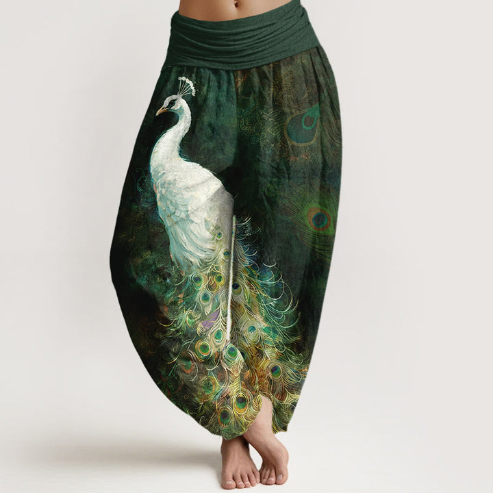 Buddha Stones Pure Cotton Gorgeous Peacock Pattern Women's Elastic Waist Harem Pants - DarkGreen - US16，UK/AU20，EU48 (3XL) - image 5