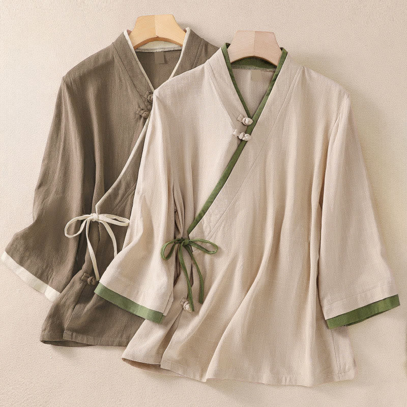Buddha Stones Retro Lace-up Frog-Button Design Women's Three Quarter Sleeve Cotton Linen Shirt - image 0