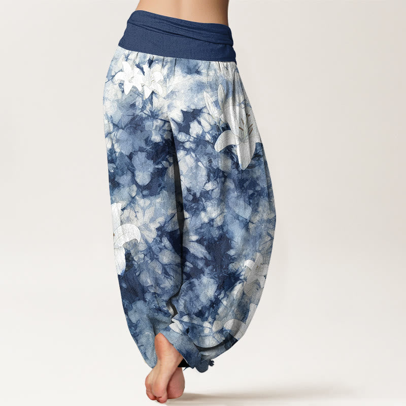 Buddha Stones Pure Cotton Watercolor Style Lily Pattern Women's Elastic Waist Harem Pants - image 1