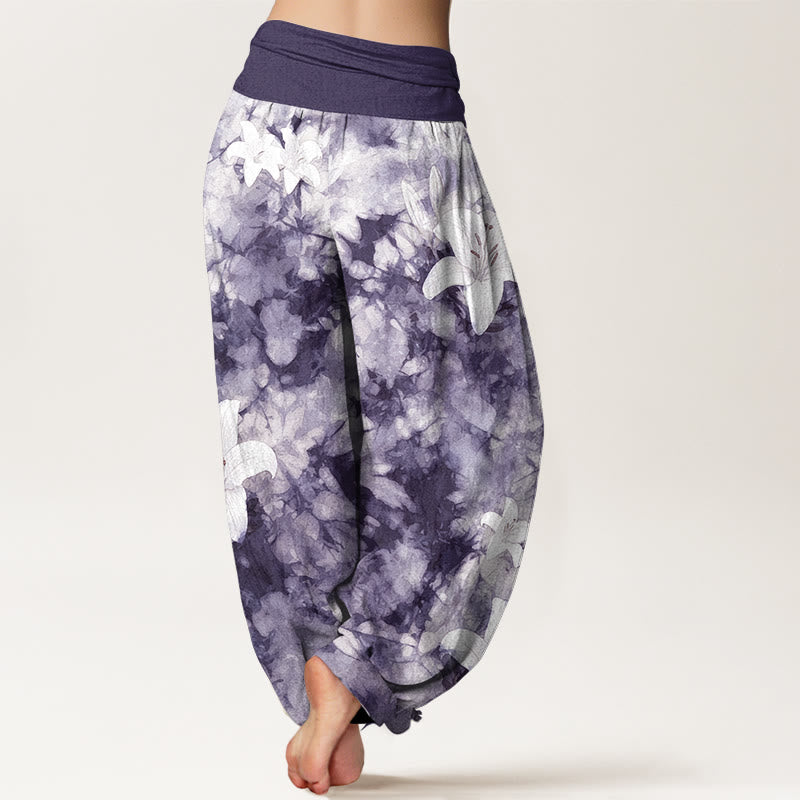 Buddha Stones Pure Cotton Watercolor Style Lily Pattern Women's Elastic Waist Harem Pants - image 6