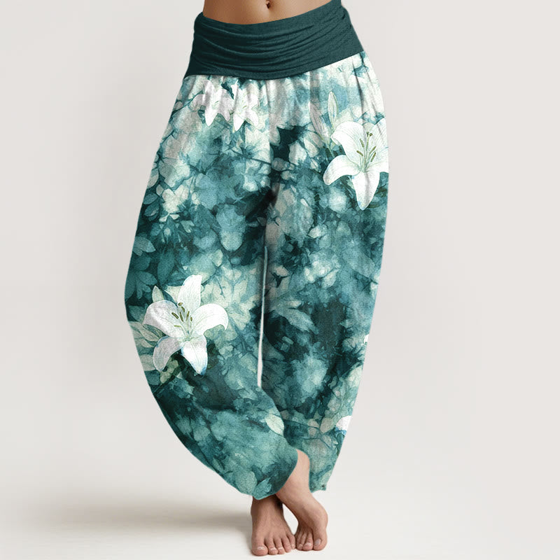 Buddha Stones Pure Cotton Watercolor Style Lily Pattern Women's Elastic Waist Harem Pants - DarkGreen - US16，UK/AU20，EU48 (3XL) - image 8