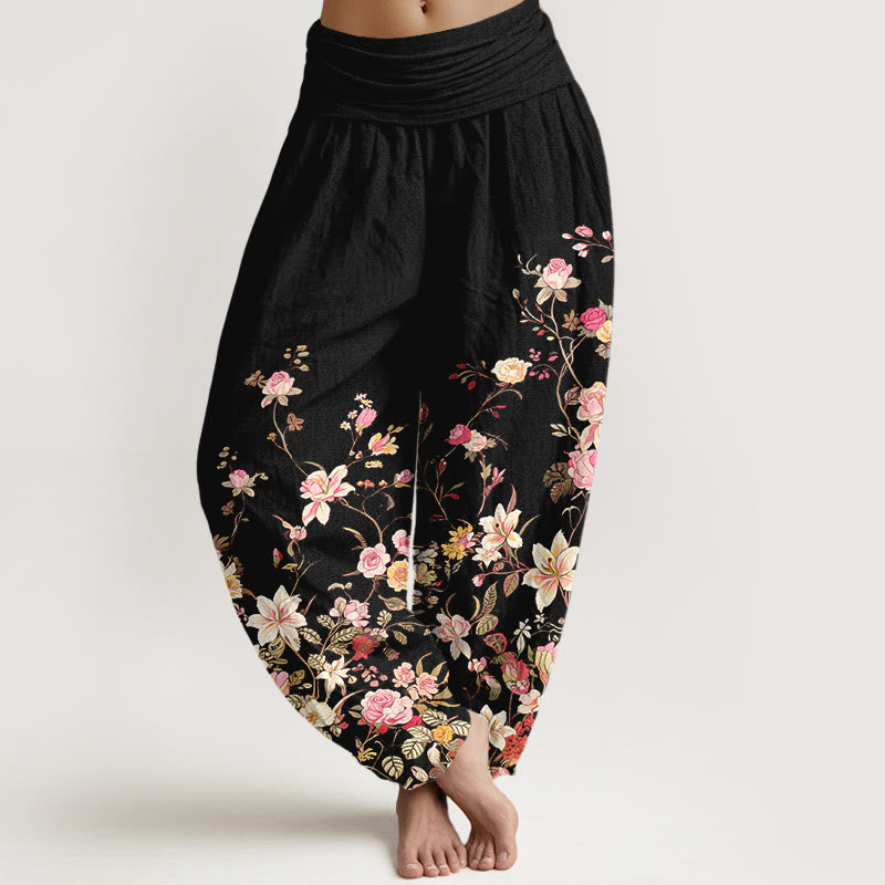 Buddha Stones Pure Cotton Exquisite Colorful Flower Pattern Women's Elastic Waist Harem Pants - Black - US16，UK/AU20，EU48 (3XL) - image 0