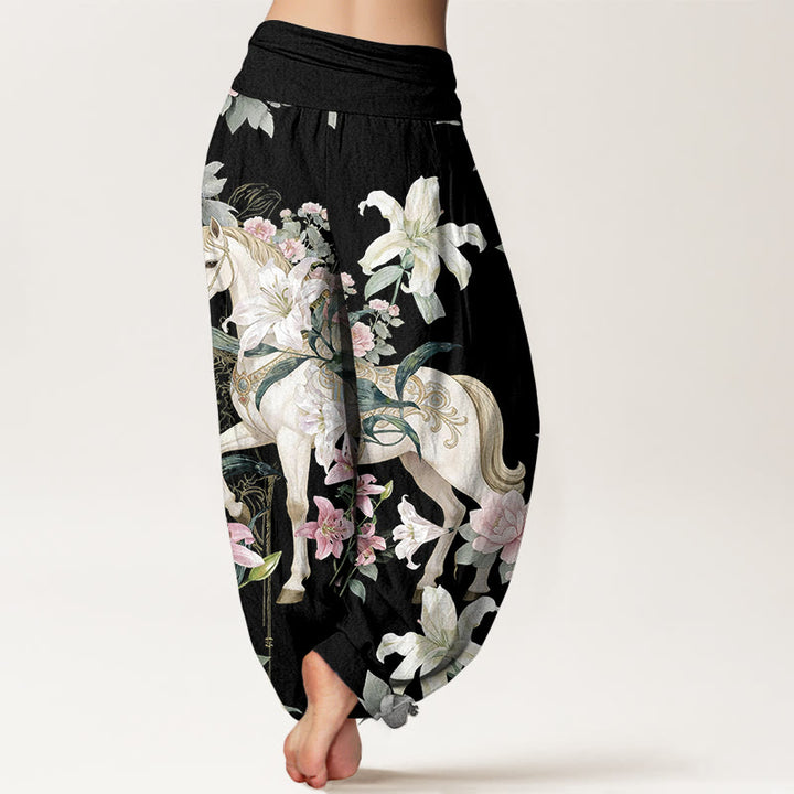 Buddha Stones Pure Cotton Romantic Horse Lily Peony Pattern Women's Elastic Waist Harem Pants - image 1