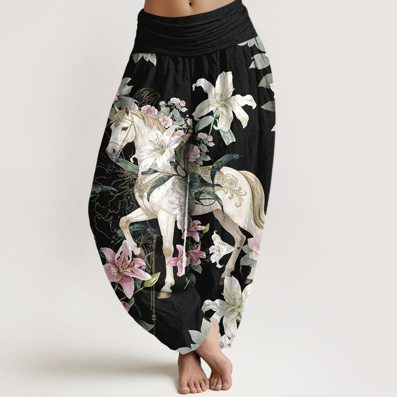Buddha Stones Pure Cotton Romantic Horse Lily Peony Pattern Women's Elastic Waist Harem Pants - Black - US16，UK/AU20，EU48 (3XL) - image 0
