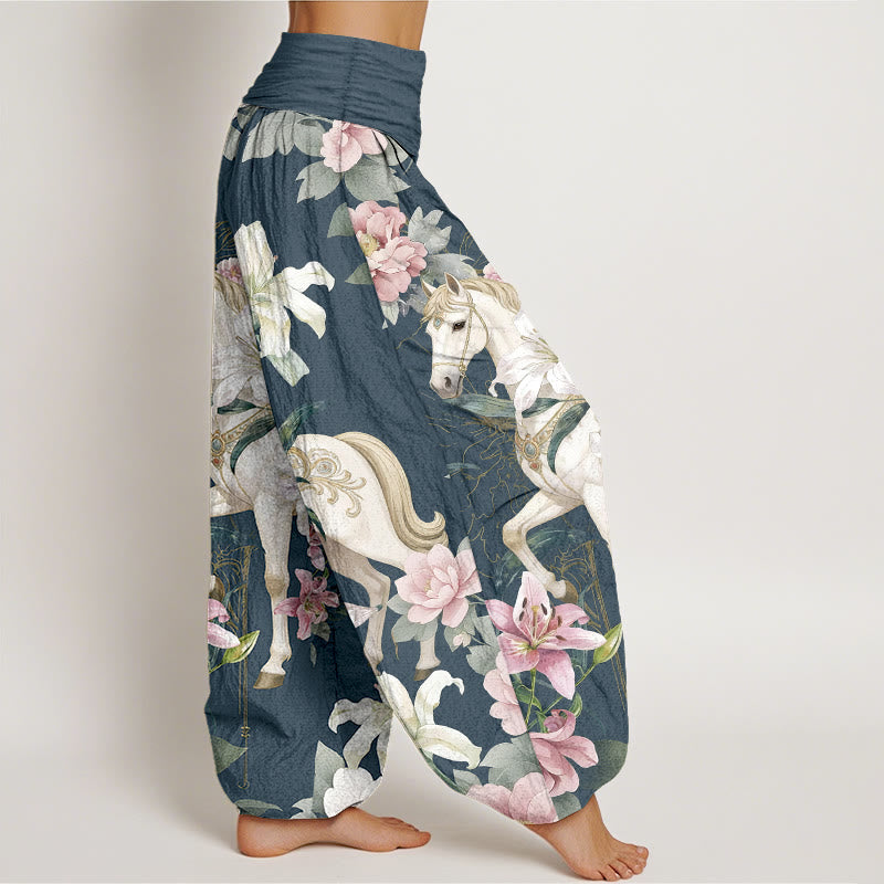 Buddha Stones Pure Cotton Romantic Horse Lily Peony Pattern Women's Elastic Waist Harem Pants - image 7