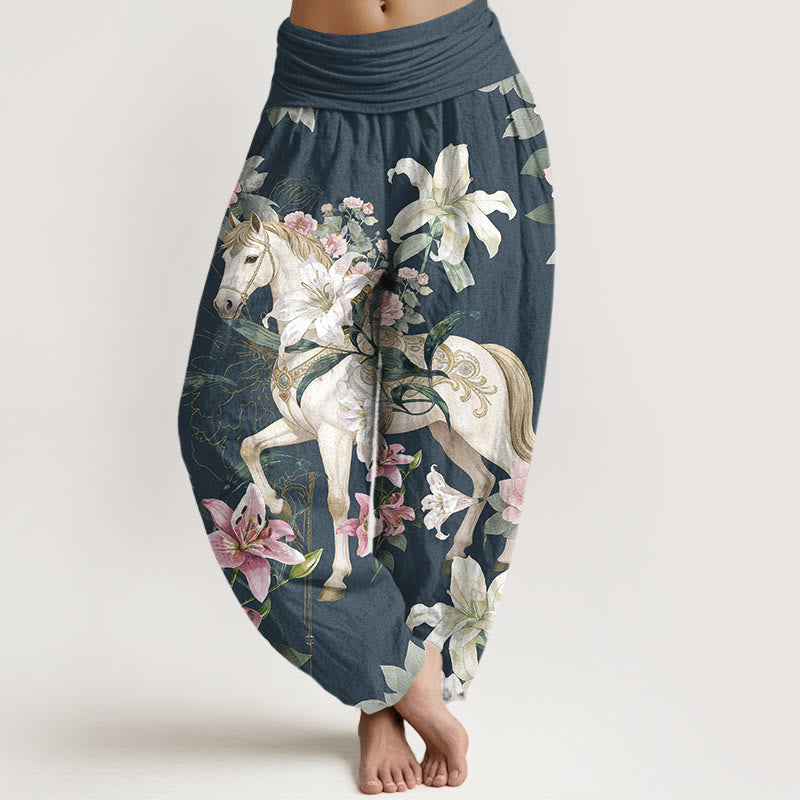 Buddha Stones Pure Cotton Romantic Horse Lily Peony Pattern Women's Elastic Waist Harem Pants - DarkSlateBlue - US16，UK/AU20，EU48 (3XL) - image 5