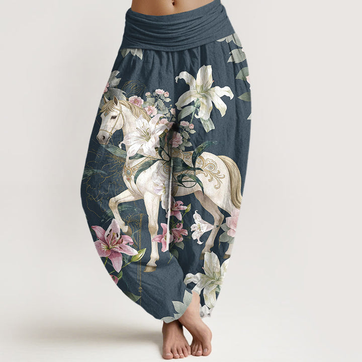 Buddha Stones Pure Cotton Romantic Horse Lily Peony Pattern Women's Elastic Waist Harem Pants - DarkSlateBlue - US16，UK/AU20，EU48 (3XL) - image 5