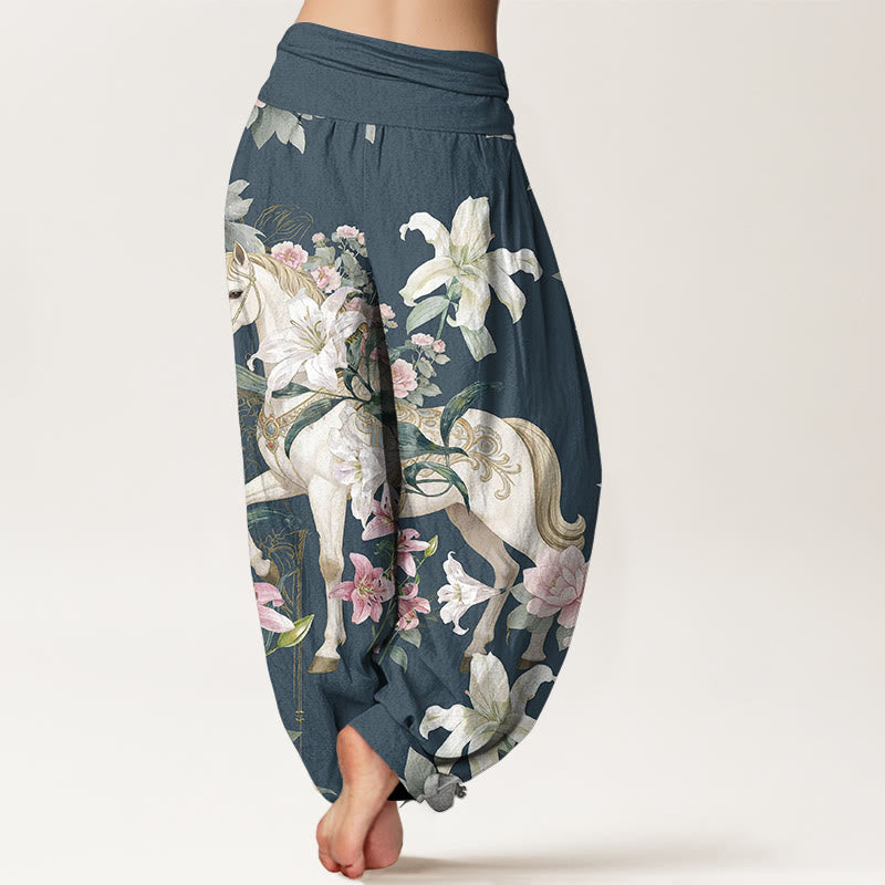 Buddha Stones Pure Cotton Romantic Horse Lily Peony Pattern Women's Elastic Waist Harem Pants - image 6