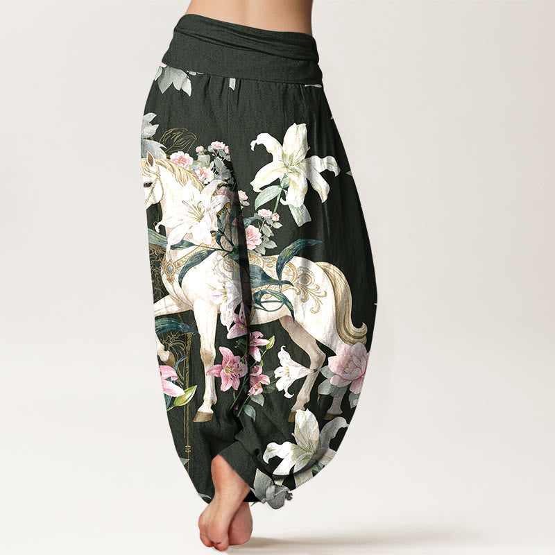 Buddha Stones Pure Cotton Romantic Horse Lily Peony Pattern Women's Elastic Waist Harem Pants - image 9
