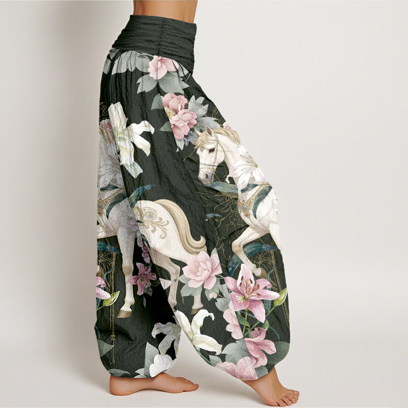 Buddha Stones Pure Cotton Romantic Horse Lily Peony Pattern Women's Elastic Waist Harem Pants - image 10