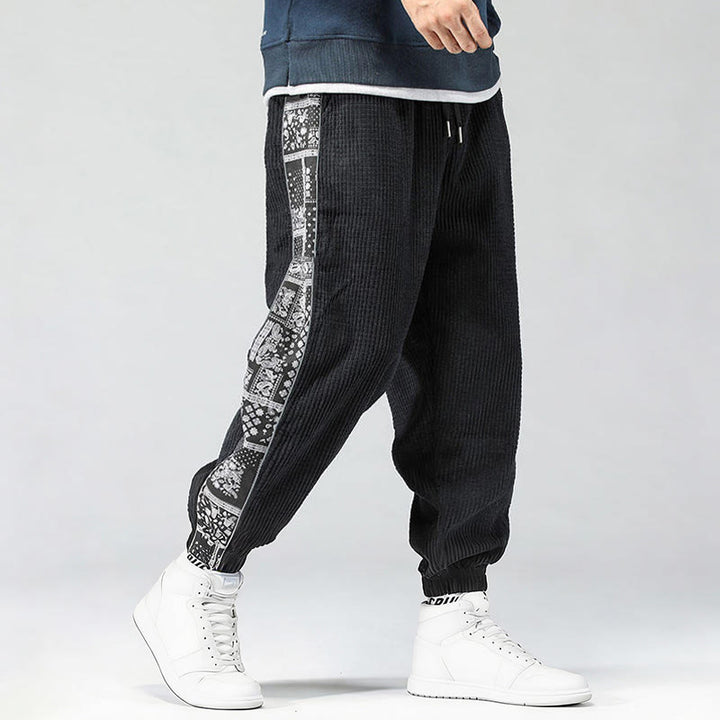 Buddha Stones Fall Solid Drawstring Side Paisley Pattern Straight Leg Ankle-length Corduroy Men's Pants With Pockets - Black - US/UK/AU46，EU56 (5XL) - image 0