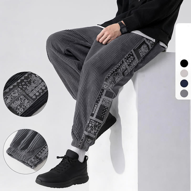 Buddha Stones Fall Solid Drawstring Side Paisley Pattern Straight Leg Ankle-length Corduroy Men's Pants With Pockets - image 26
